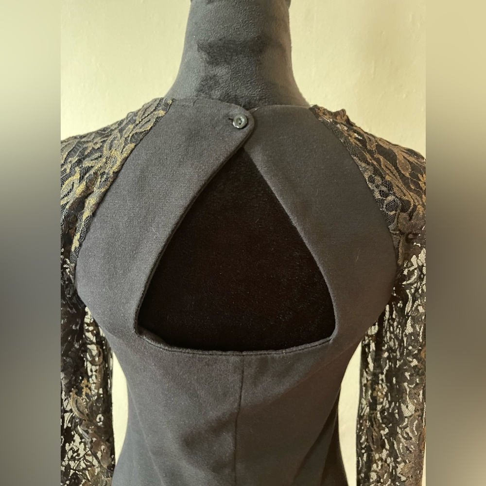 Petticoat Alley, Black/Gold form fitting dress,w/lace sleeves, size med - Picture 5 of 7